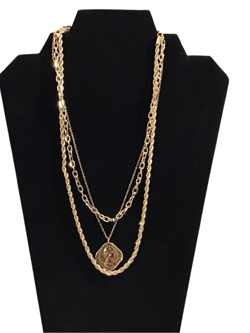 Layered Triple Chain Necklace Coin Pendant Gold Tone Fashion Jewelry